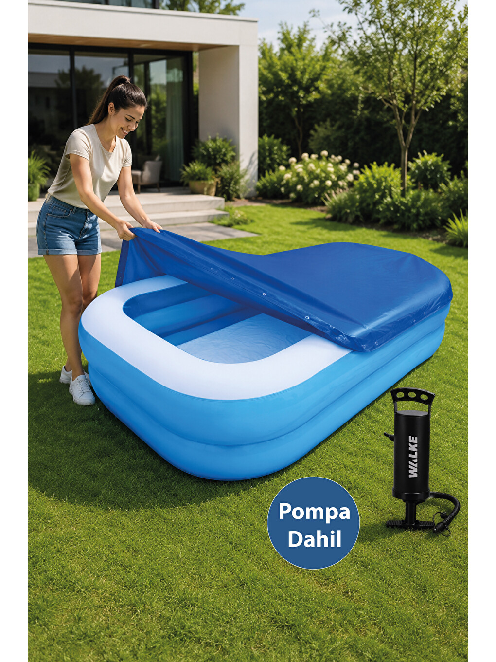 Şişme Aile Havuzu 262x175x51 Cm Büyük Boy Dikdörtgen Havuz - Pompa Ve Havuz Örtüsü Dahil 14106-5