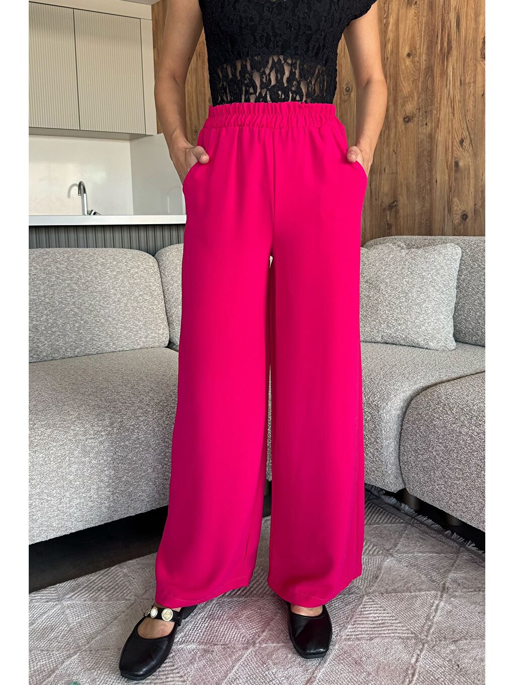 Fuşya Kadın Bol Paça Bel Lastikli Kumaş Pantolon-1