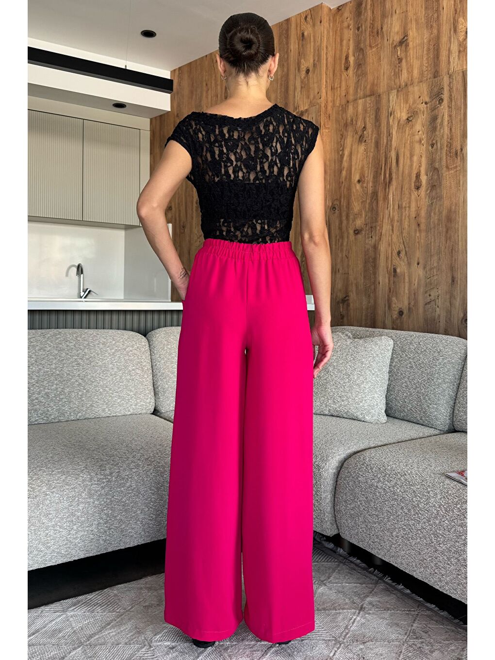 Fuşya Kadın Bol Paça Bel Lastikli Kumaş Pantolon-2