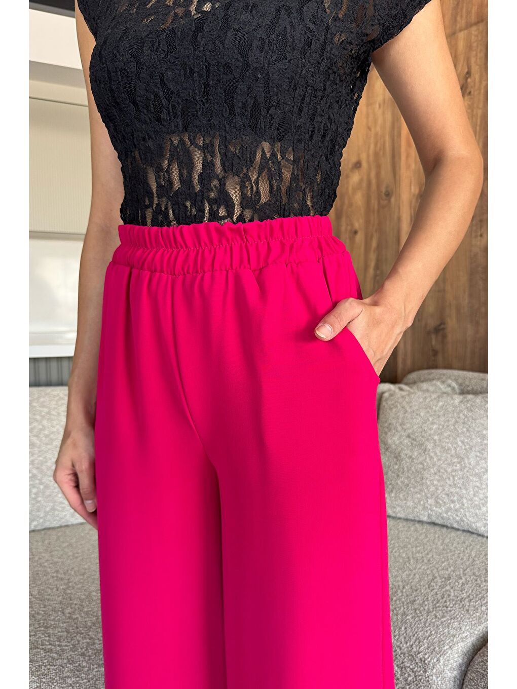 Fuşya Kadın Bol Paça Bel Lastikli Kumaş Pantolon-3
