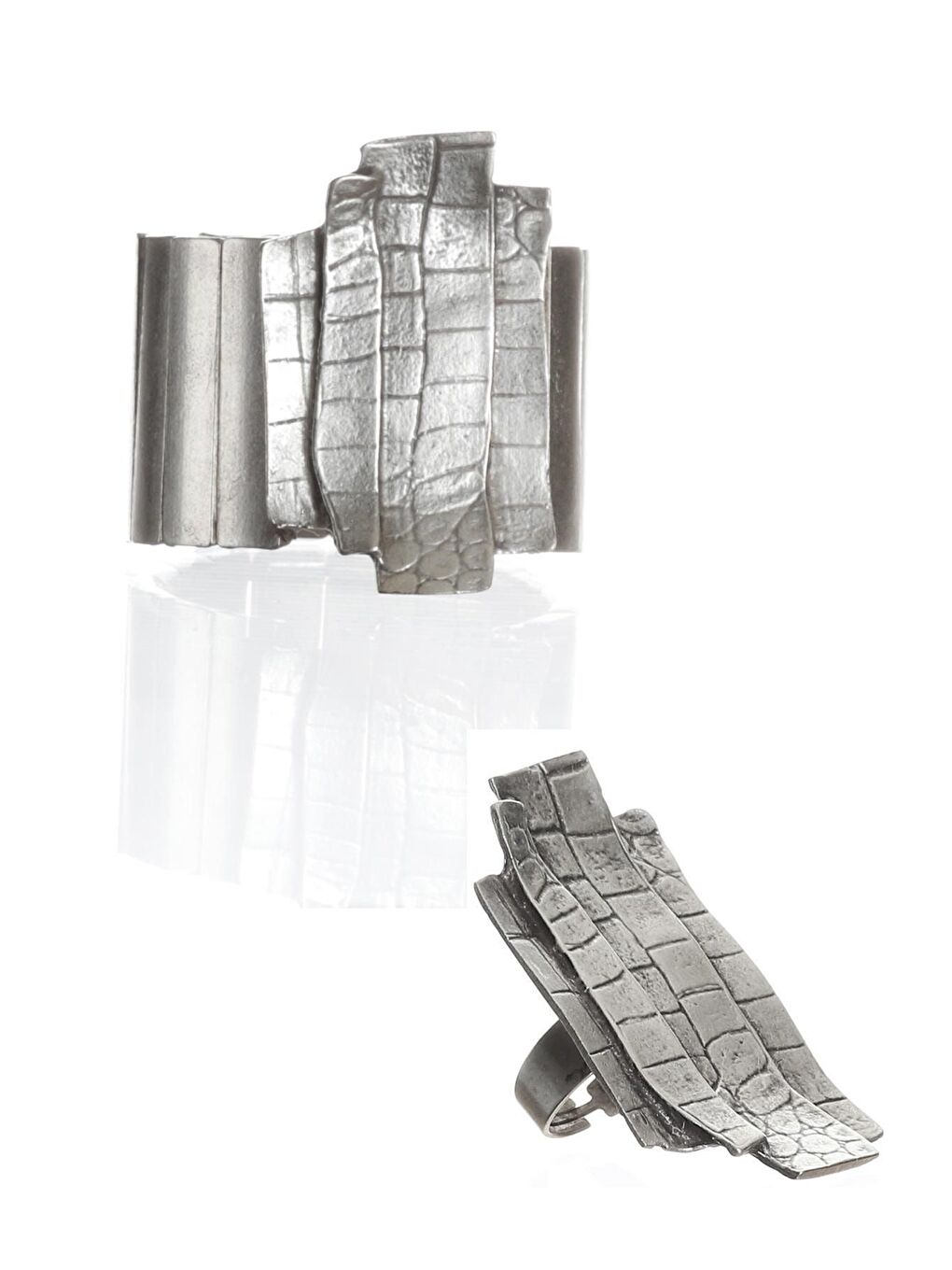 Gri Kadın Antik Gümüş Kaplama Lastikli Geniş Bant Çubuk Parçalı Geniş Bileklik & Yüzük Seti