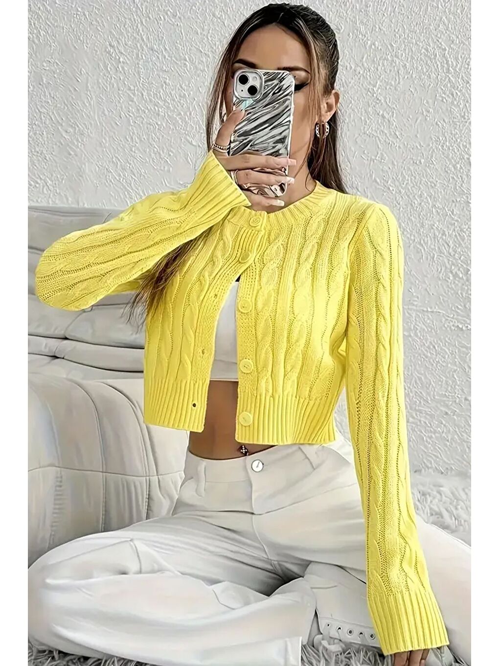 Sarı Örgü Desenli Kadın Triko Hırka (s,m,l Uyumludur)-1
