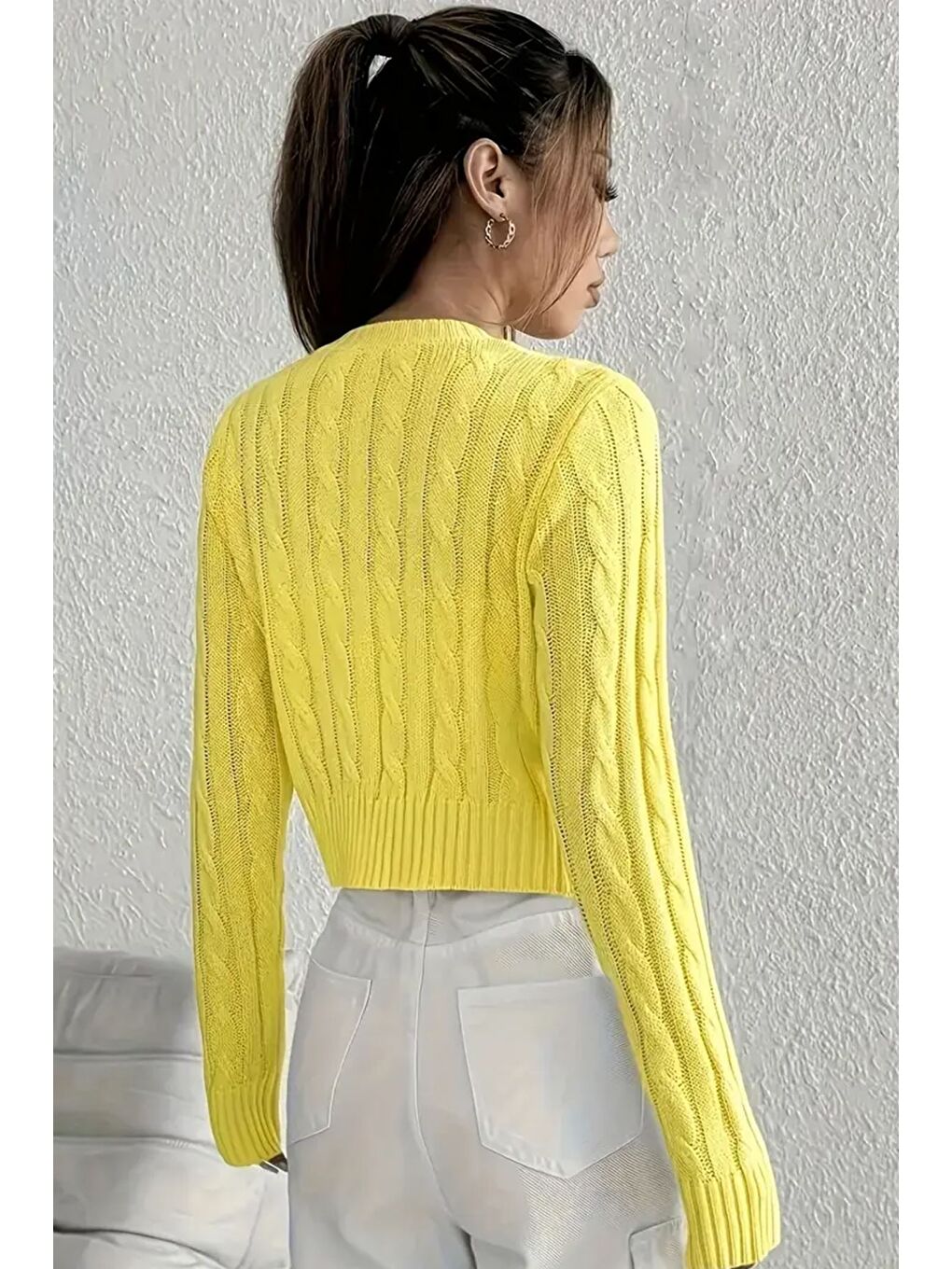 Sarı Örgü Desenli Kadın Triko Hırka (s,m,l Uyumludur)-2