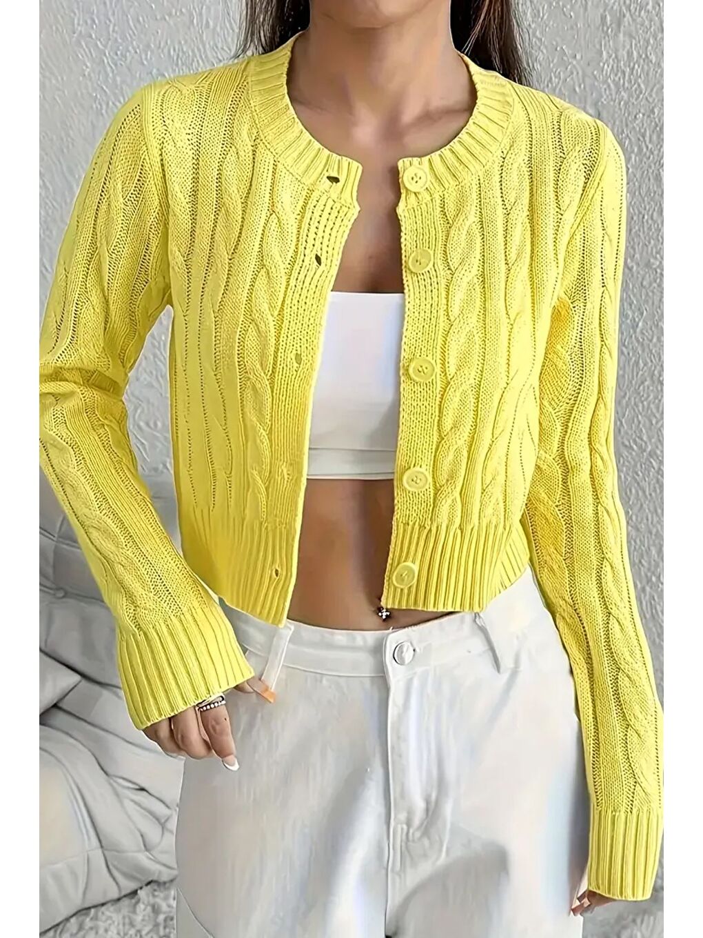 Sarı Örgü Desenli Kadın Triko Hırka (s,m,l Uyumludur)-3