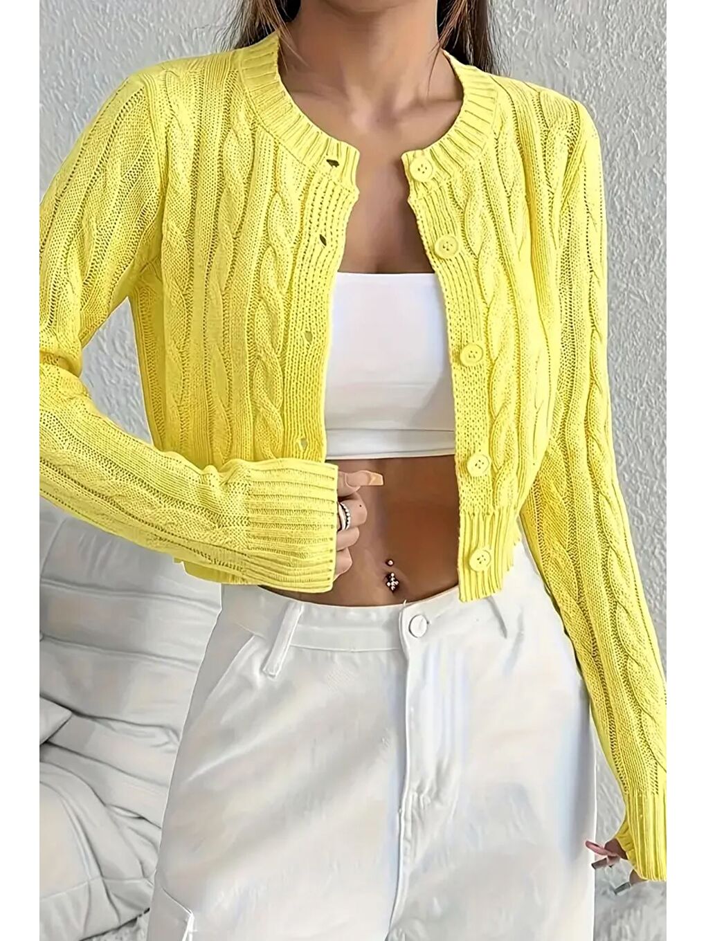 Sarı Örgü Desenli Kadın Triko Hırka (s,m,l Uyumludur)-4