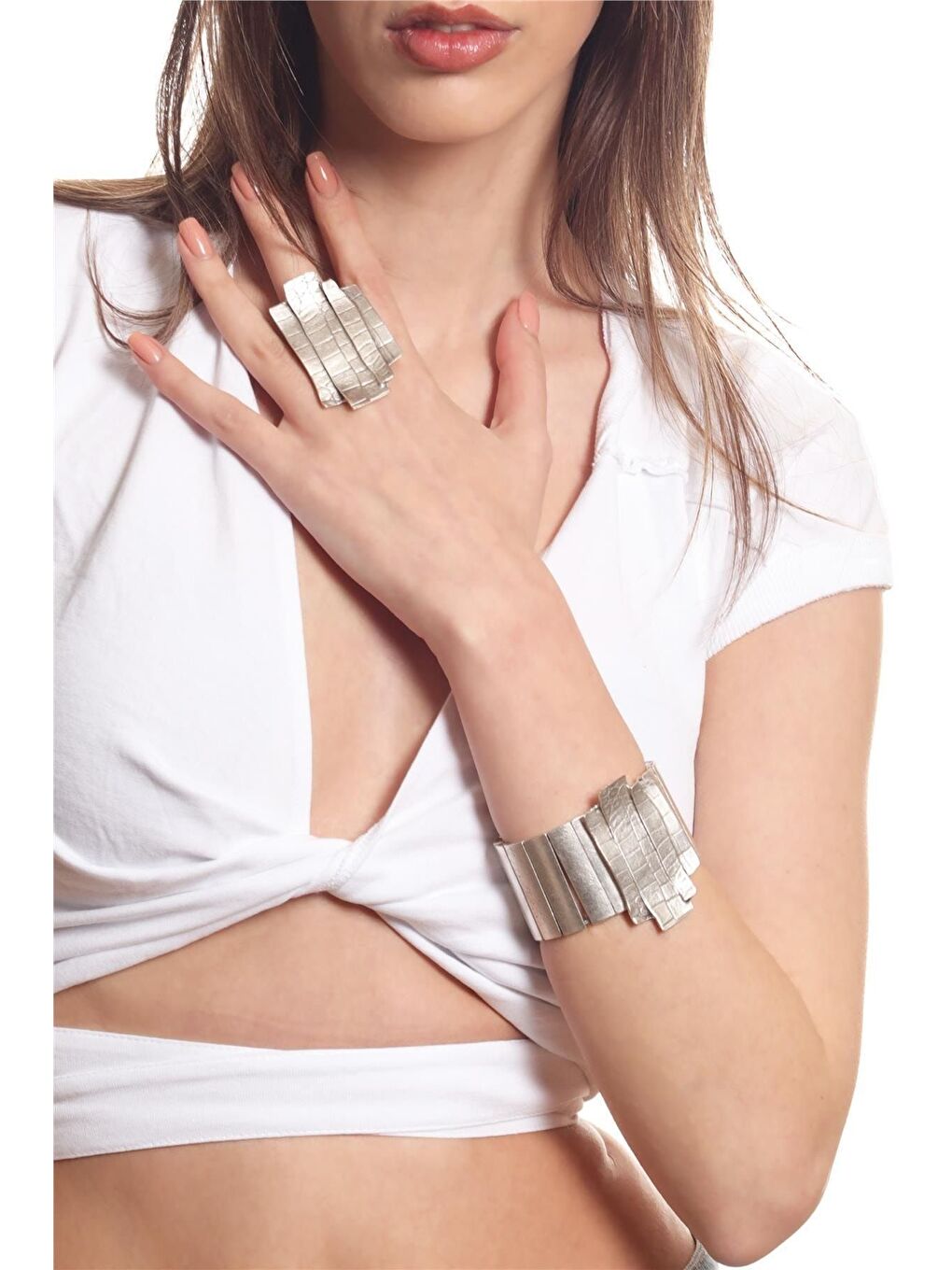 Gri Kadın Antik Gümüş Kaplama Lastikli Geniş Bant Çubuk Parçalı Geniş Bileklik & Yüzük Seti-2