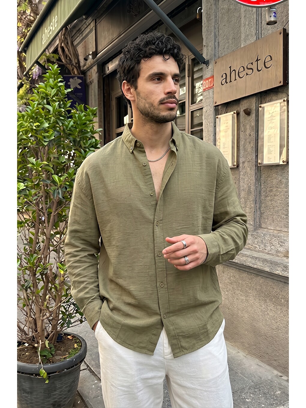 Haki Napas Erkek Oversize Keten Görünümlü Gömlek-1