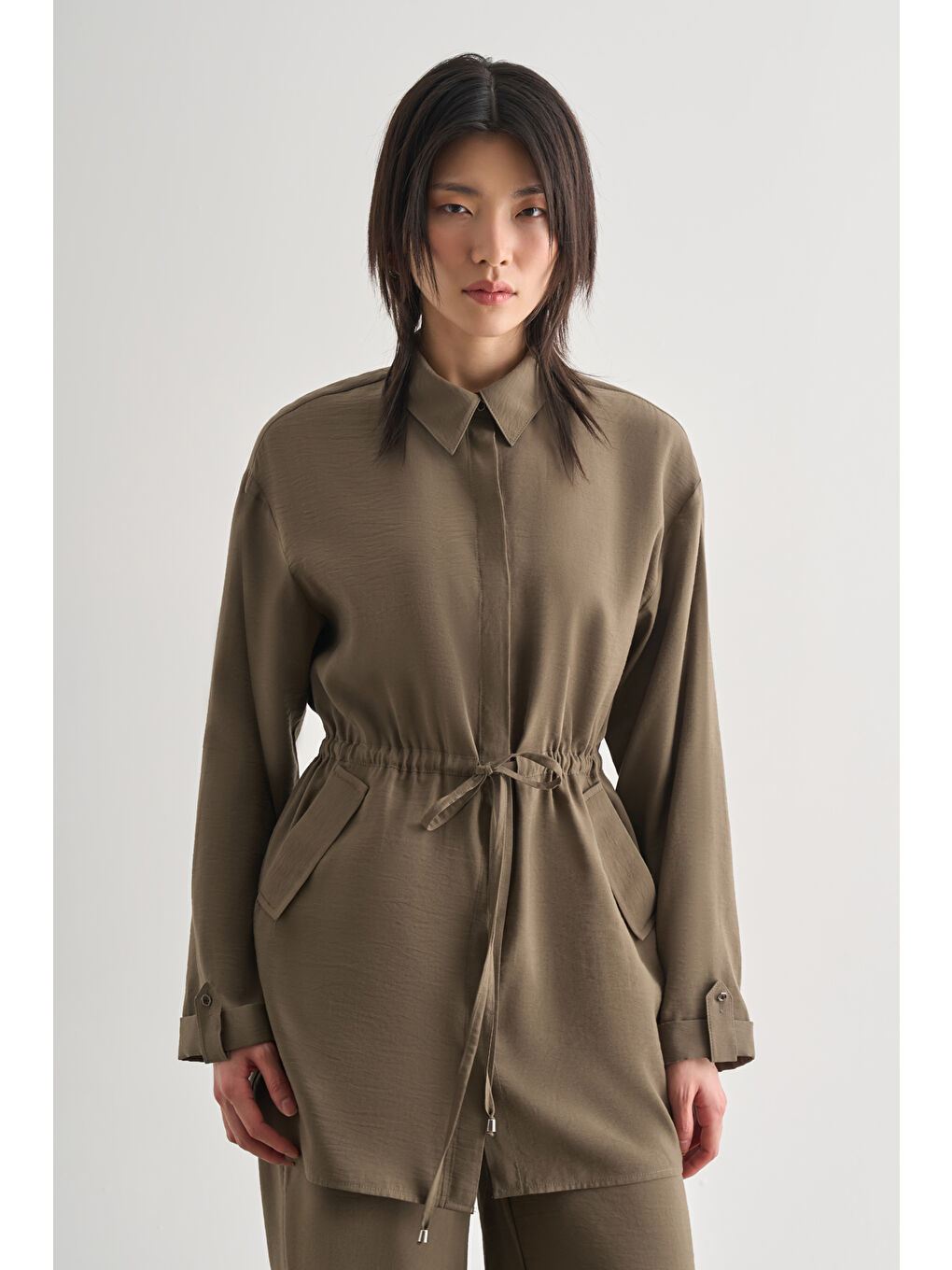 Çift Cepli Beli İp Büzgülü Modal Haki Tunik-2