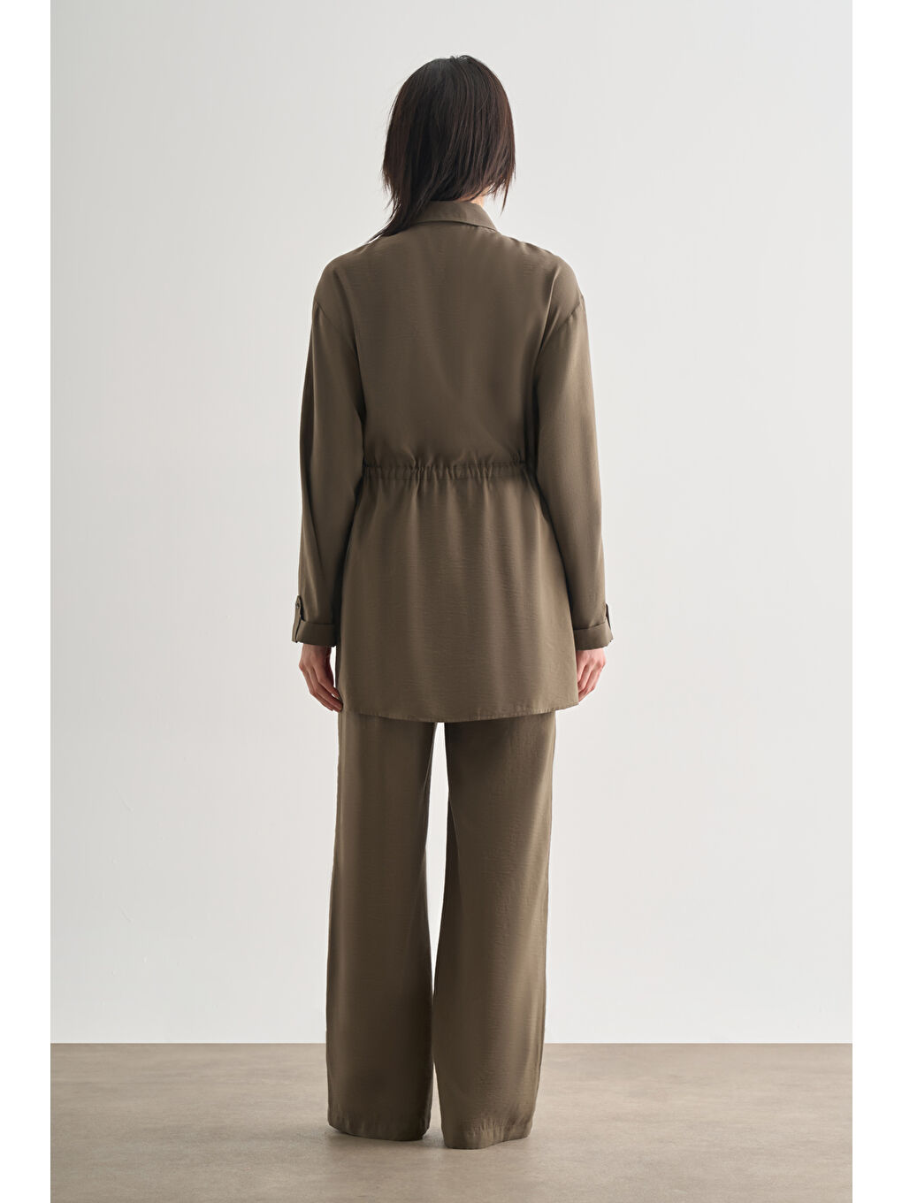 Çift Cepli Beli İp Büzgülü Modal Haki Tunik-3