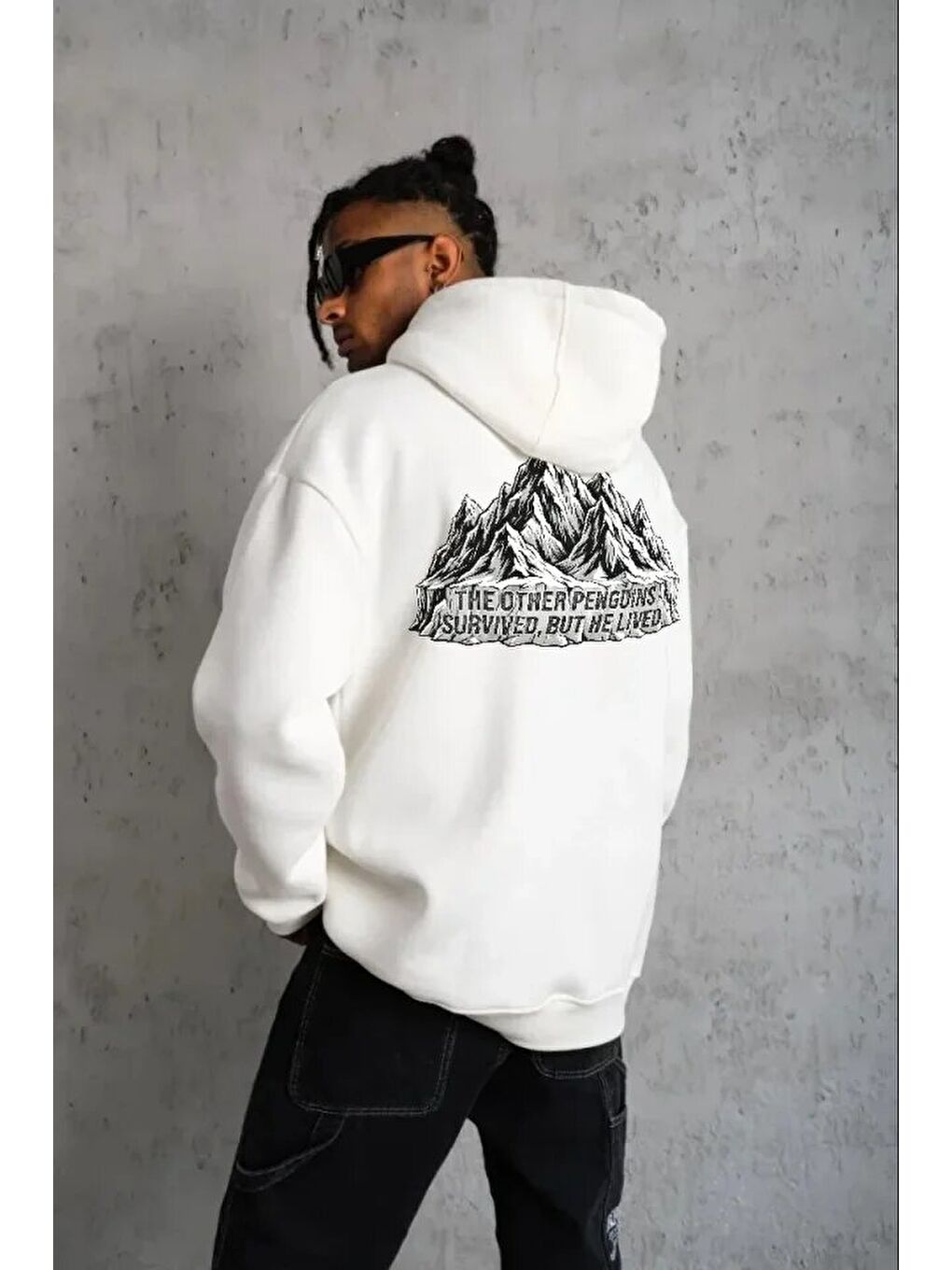 Erkek Nihilist Penguen Temalı Oversize Kapüşonlu Sweatshirt - Beyaz-1