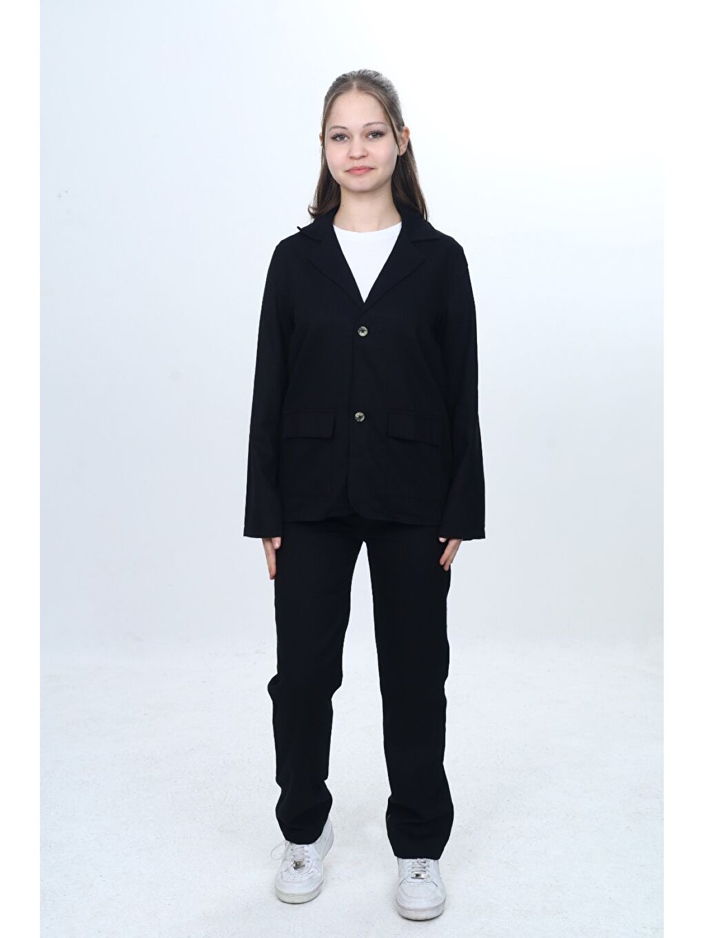 Siyah Kız Çocuk 3’lü Takım Klasik Blazer Ceket - Bisiklet Yaka T-shırt - Pantolon