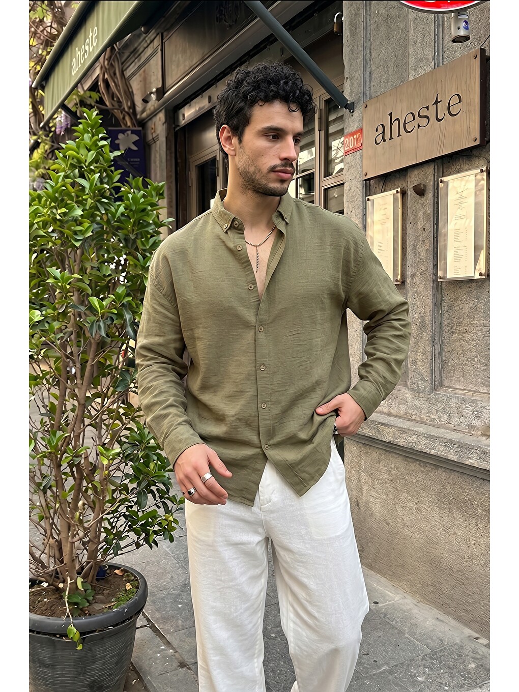 Haki Napas Erkek Oversize Keten Görünümlü Gömlek-3