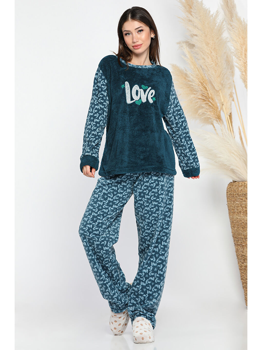 Petrol Kadın Desenli Polar Pijama Takımı