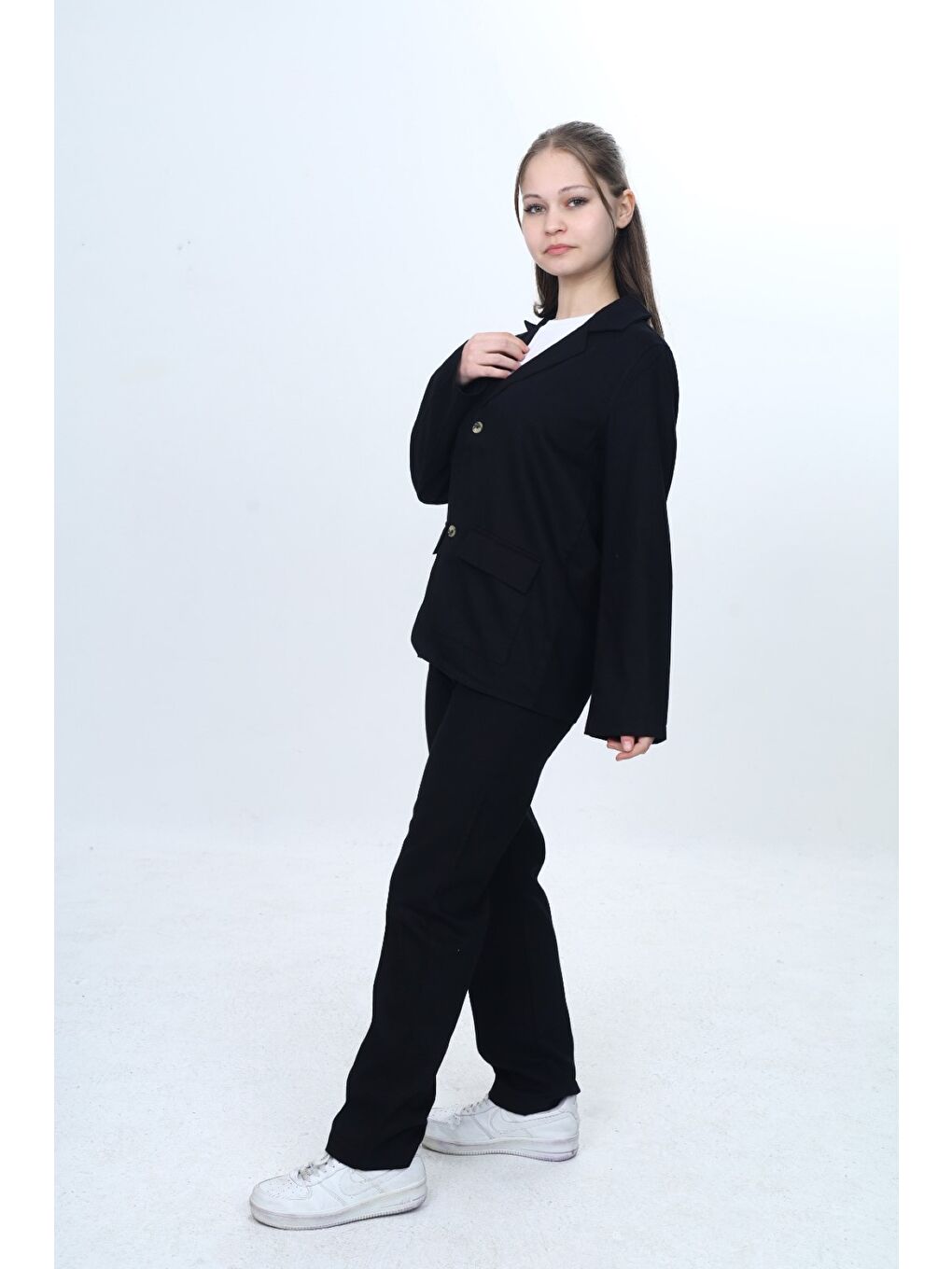 Siyah Kız Çocuk 3’lü Takım Klasik Blazer Ceket - Bisiklet Yaka T-shırt - Pantolon-1