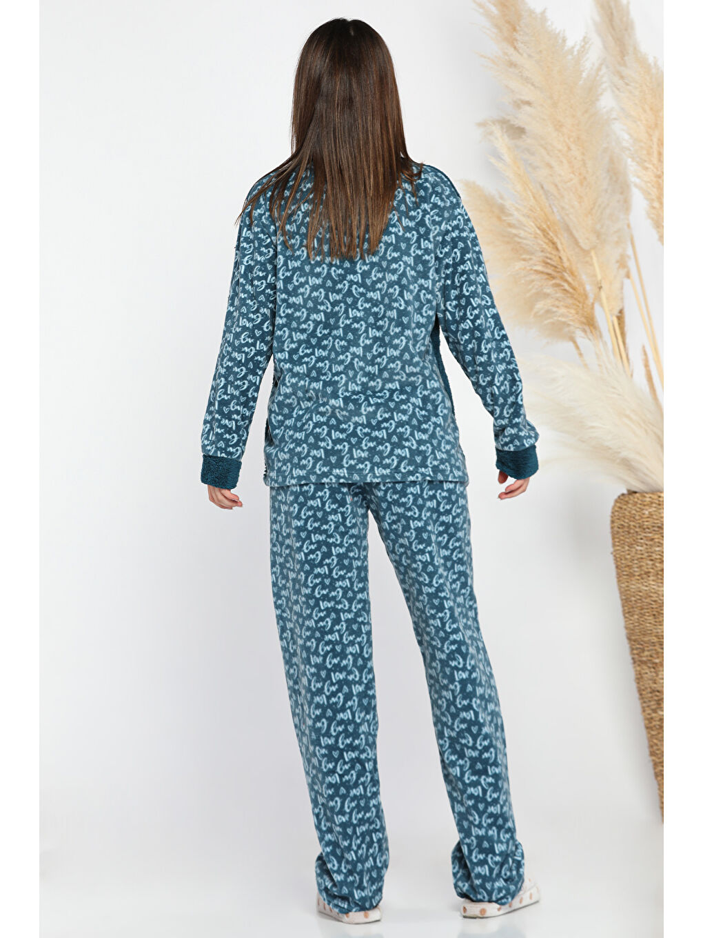 Petrol Kadın Desenli Polar Pijama Takımı-2