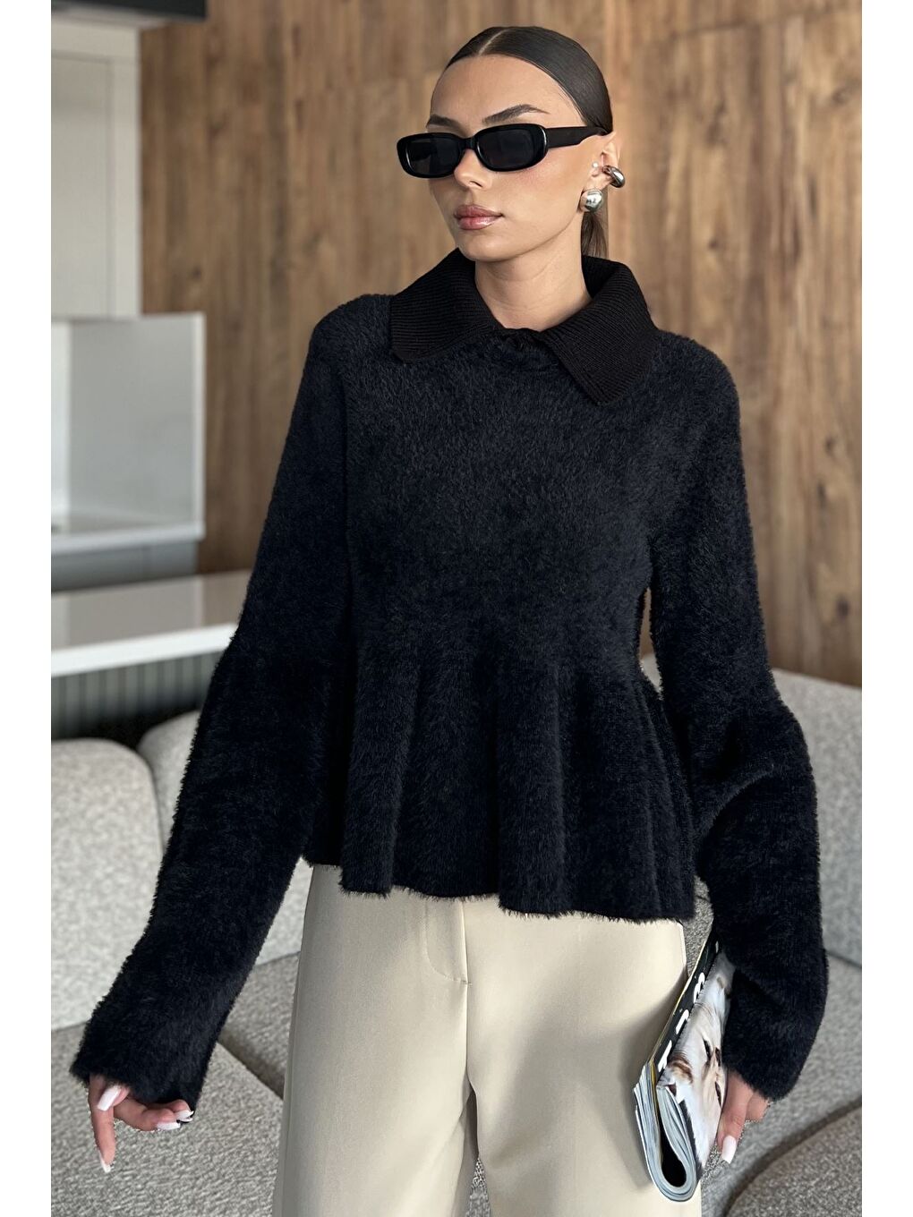 Siyah Gömlek Yaka Şardonlu Triko Bluz (s,m,l,xl Uyumludur)-1