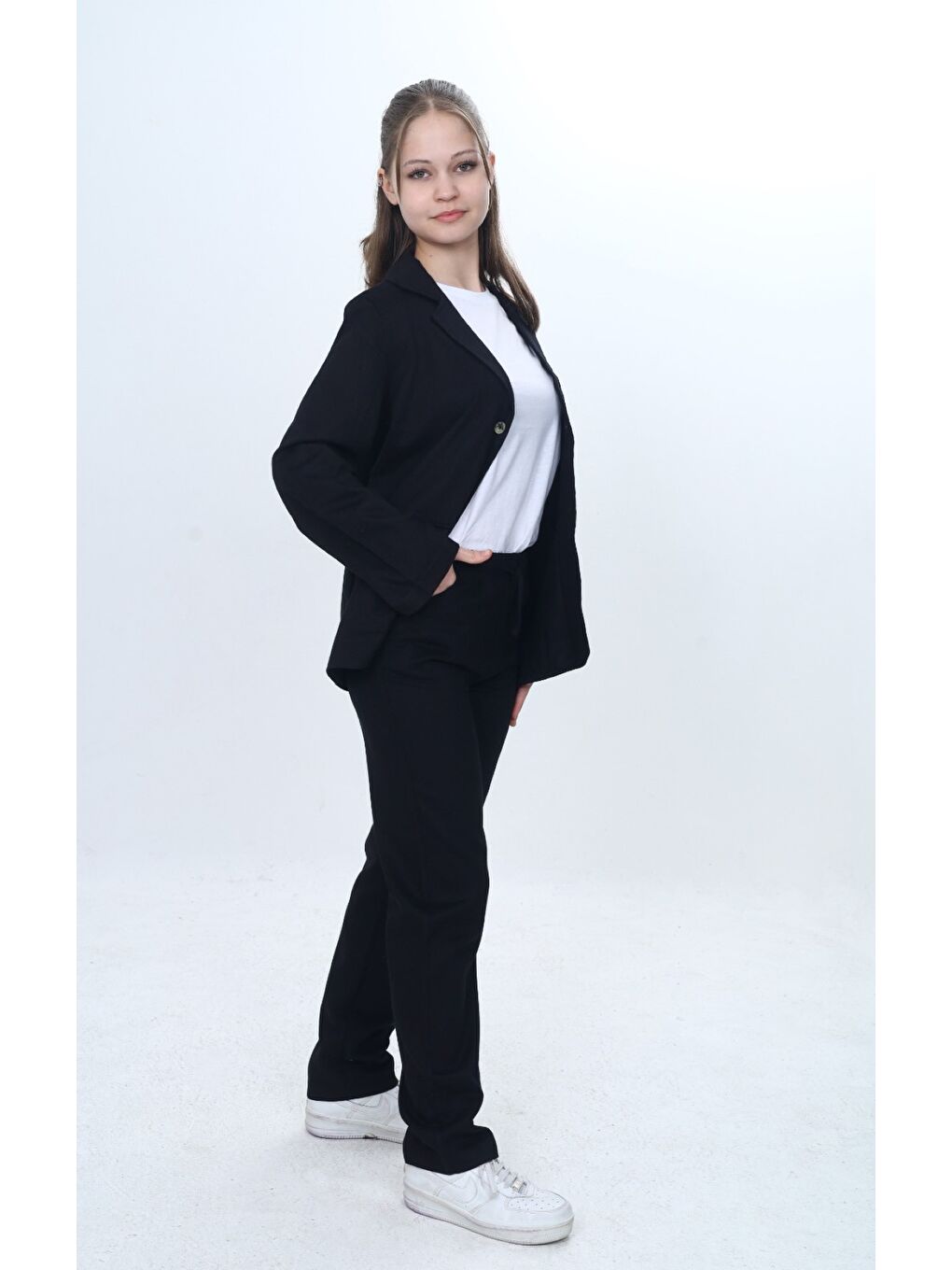 Siyah Kız Çocuk 3’lü Takım Klasik Blazer Ceket - Bisiklet Yaka T-shırt - Pantolon-2