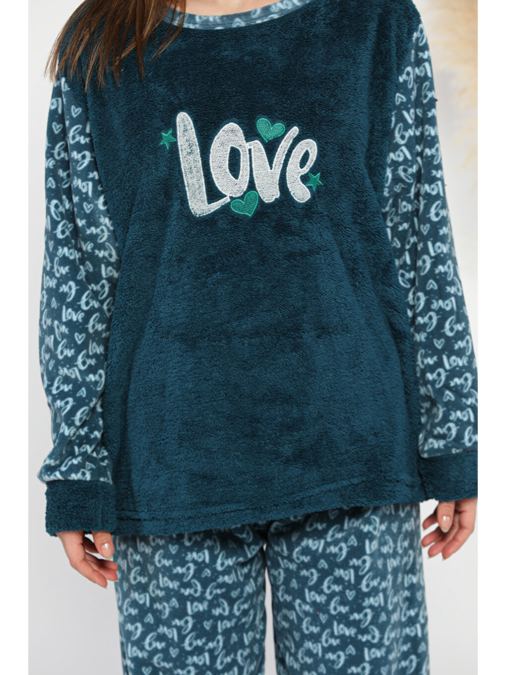 Petrol Kadın Desenli Polar Pijama Takımı-3