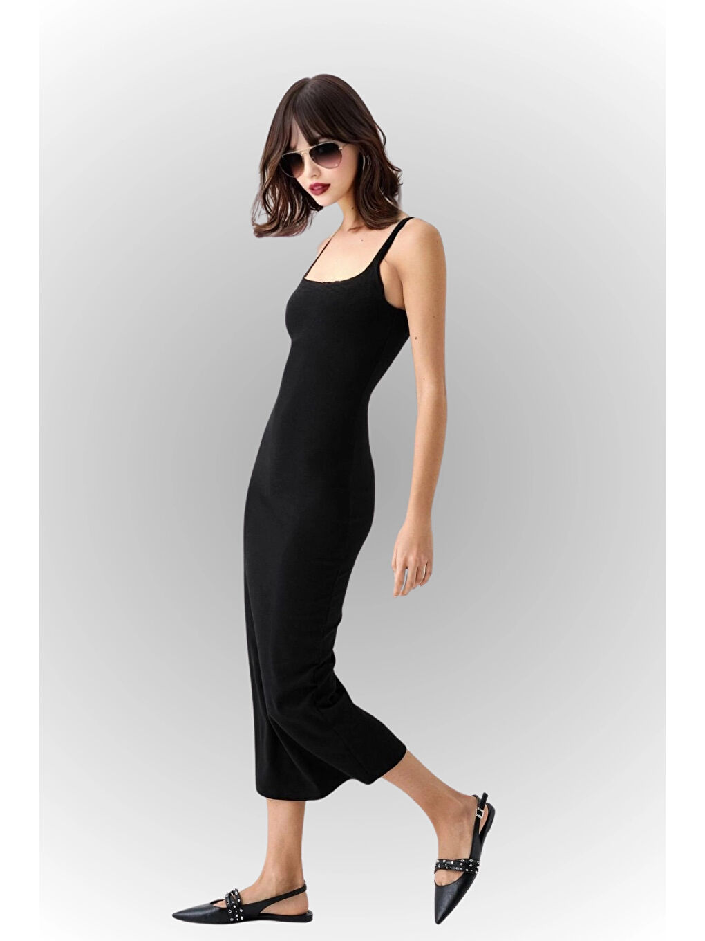 Kadın Siyah Askılı Kare Yaka Midi Elbise HZL25S-ZK11621-1