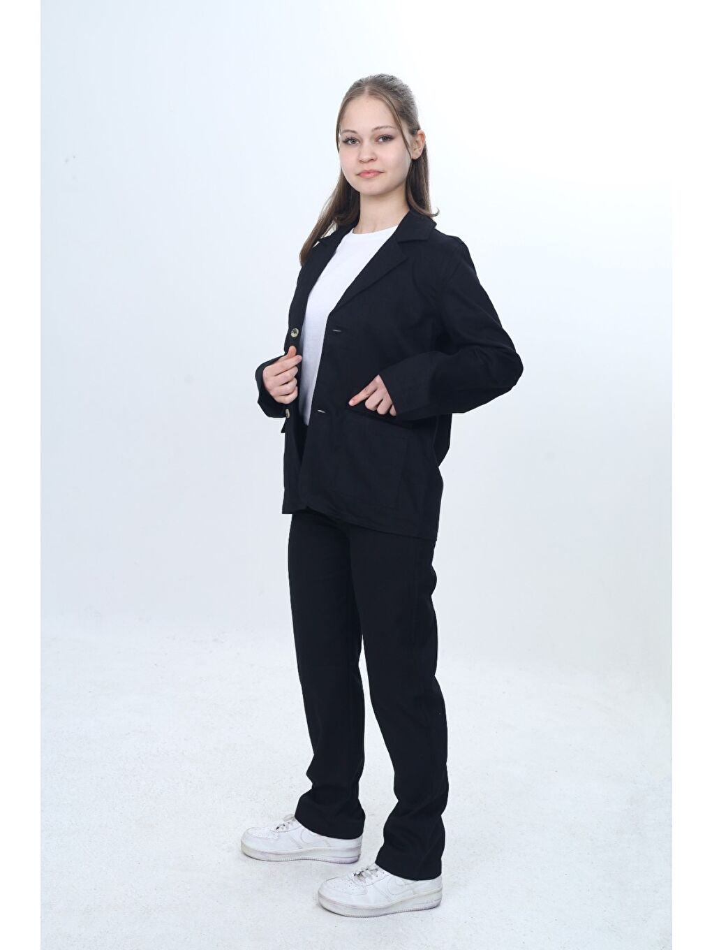 Siyah Kız Çocuk 3’lü Takım Klasik Blazer Ceket - Bisiklet Yaka T-shırt - Pantolon-3