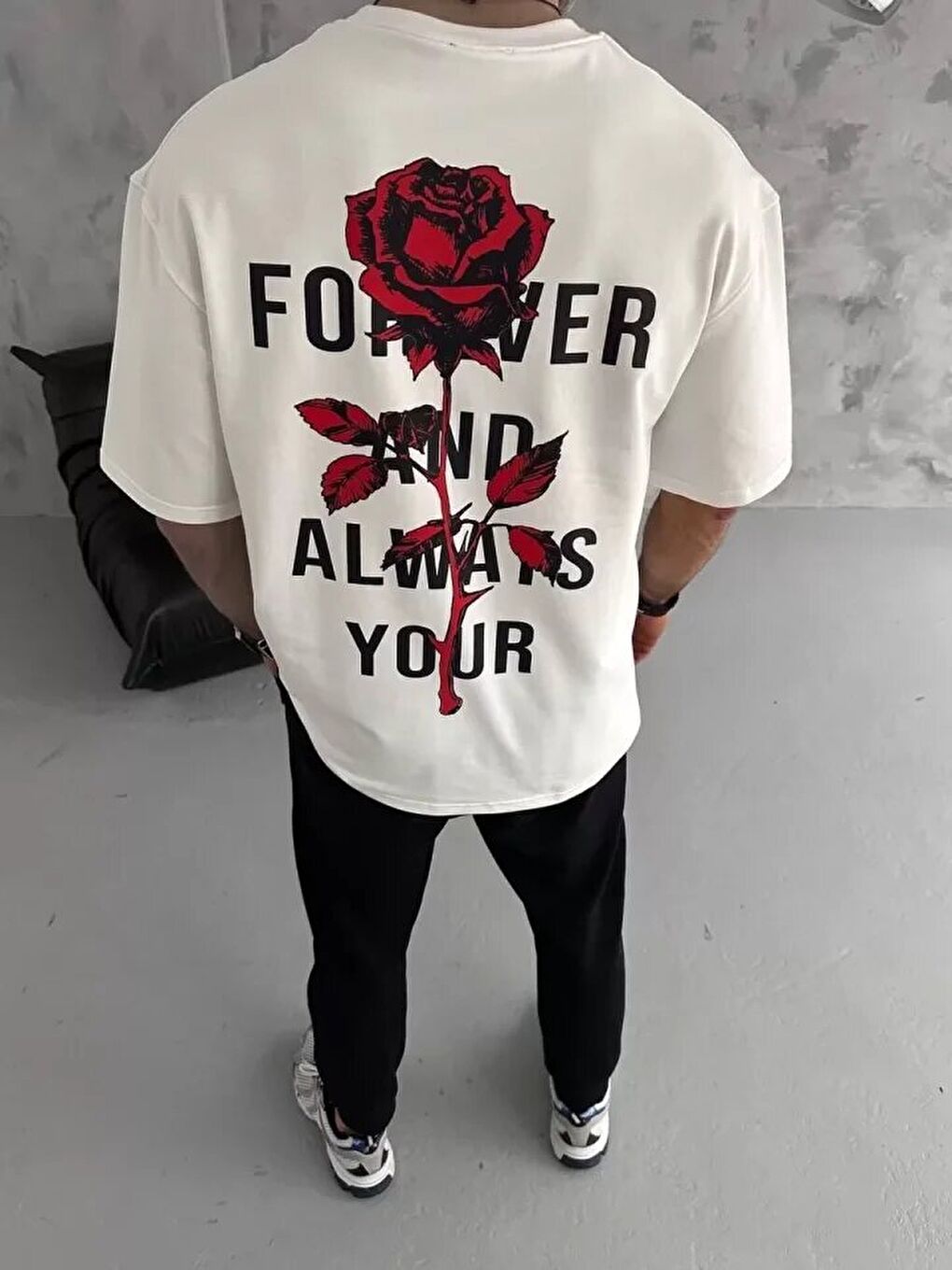 Unisex Bisiklet Yaka Baskılı Oversize T-Shirt - Beyaz-2