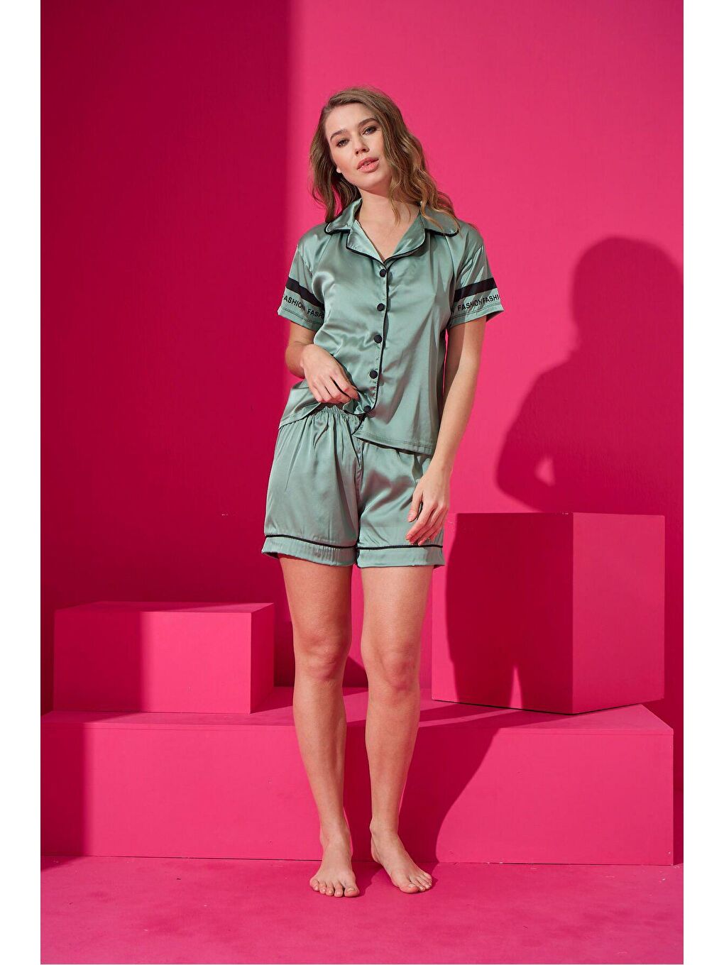 Haki Saten Düğmeli Şort Takim 9506-3-1