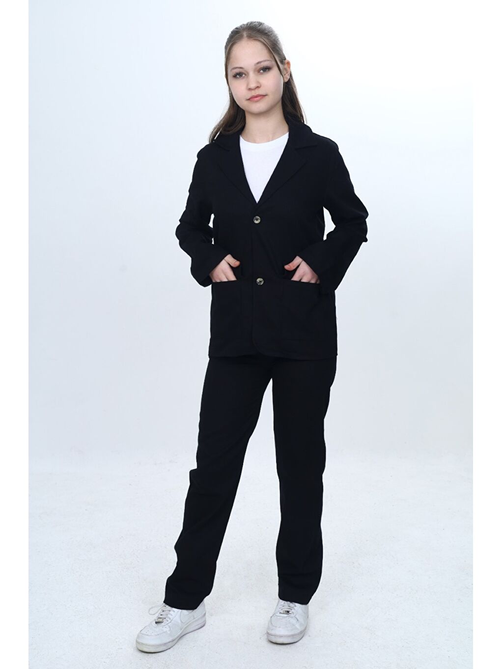 Siyah Kız Çocuk 3’lü Takım Klasik Blazer Ceket - Bisiklet Yaka T-shırt - Pantolon-5