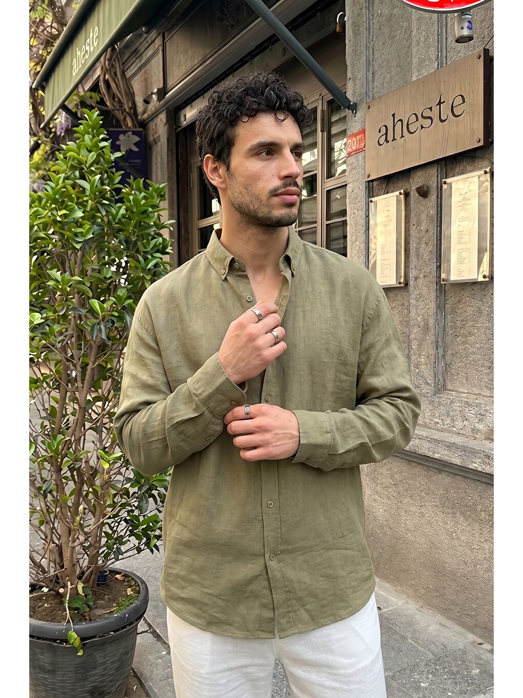 Haki Napas Erkek Oversize Keten Görünümlü Gömlek-5