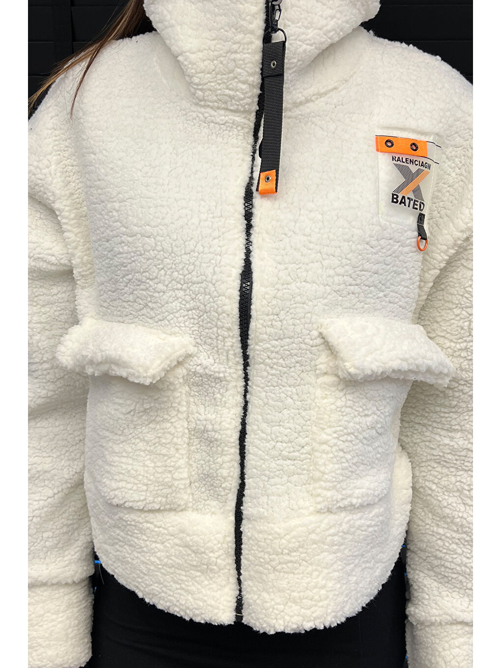 Ekru Kadın Oversize Pelüş Ceket-2