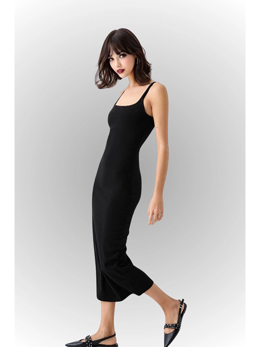 Kadın Siyah Askılı Kare Yaka Midi Elbise HZL25S-ZK11621-3