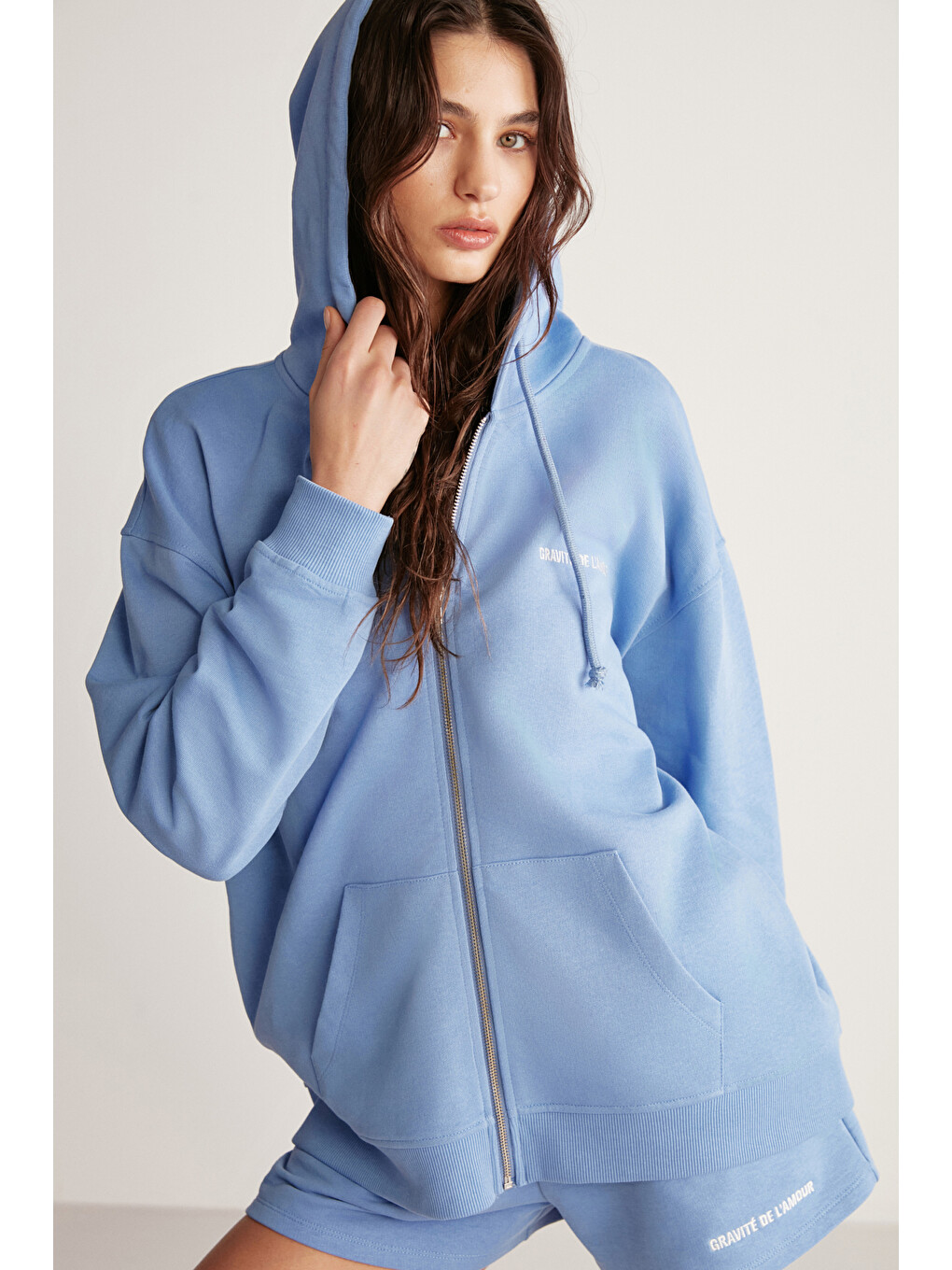 Mavi Ametıs Kadın Oversize Organik Pamuklu Metal Fermuarlı Kapüşonlu MAVİ Sweatshirt-3