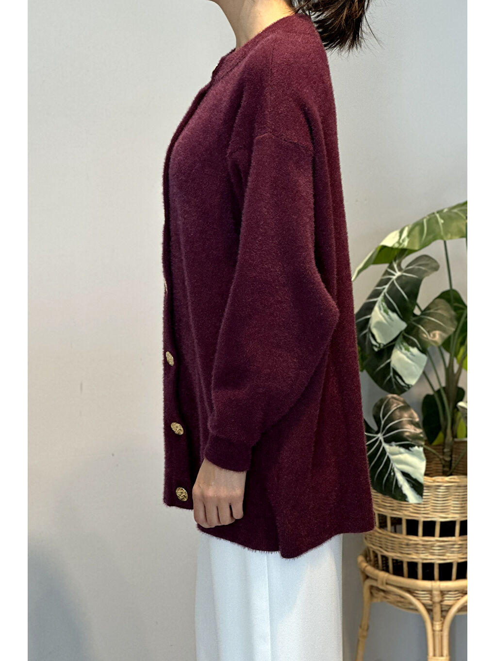 Gold Düğme Detay Hırka 25008 Mürdüm-1