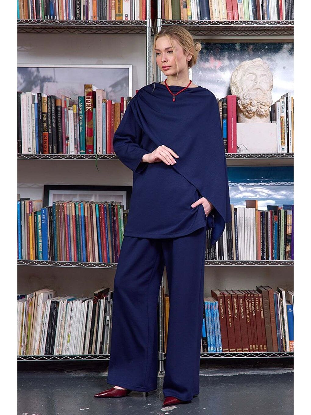 Lacivert Atkılı Tunik Bol Paça Pantolon Takım-1