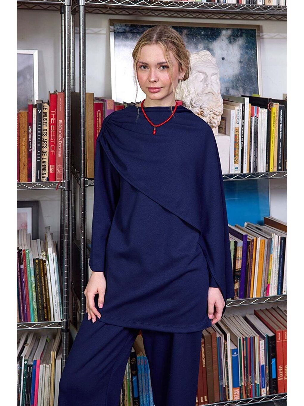 Lacivert Atkılı Tunik Bol Paça Pantolon Takım-2