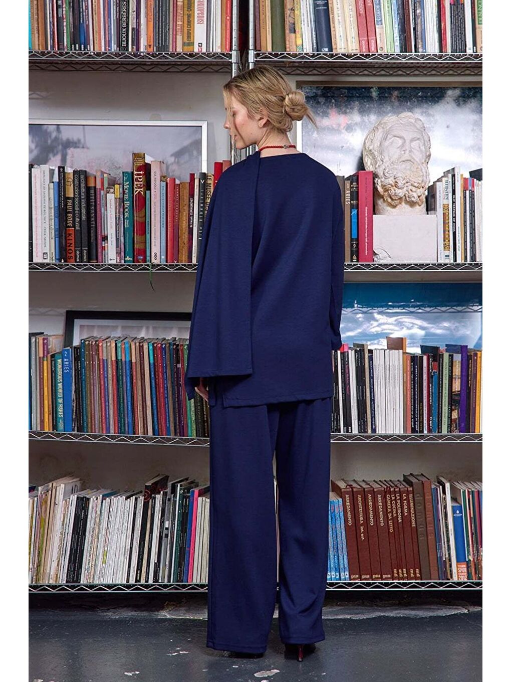 Lacivert Atkılı Tunik Bol Paça Pantolon Takım-3