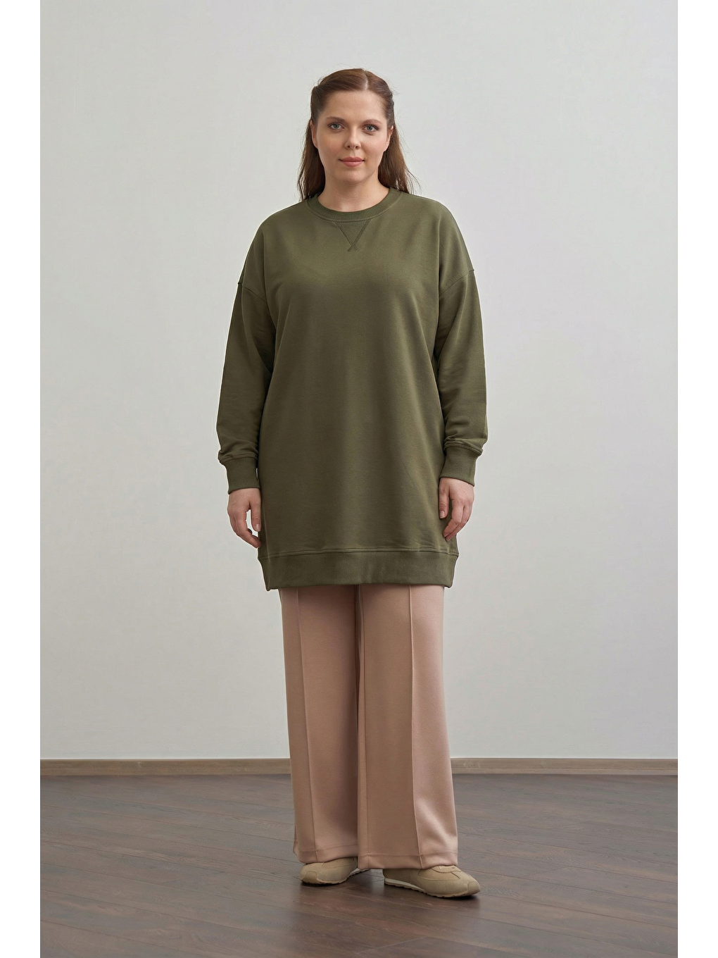 Haki-Pamuklu Kaşkorse Detaylı Büyük Beden Sweatshirt