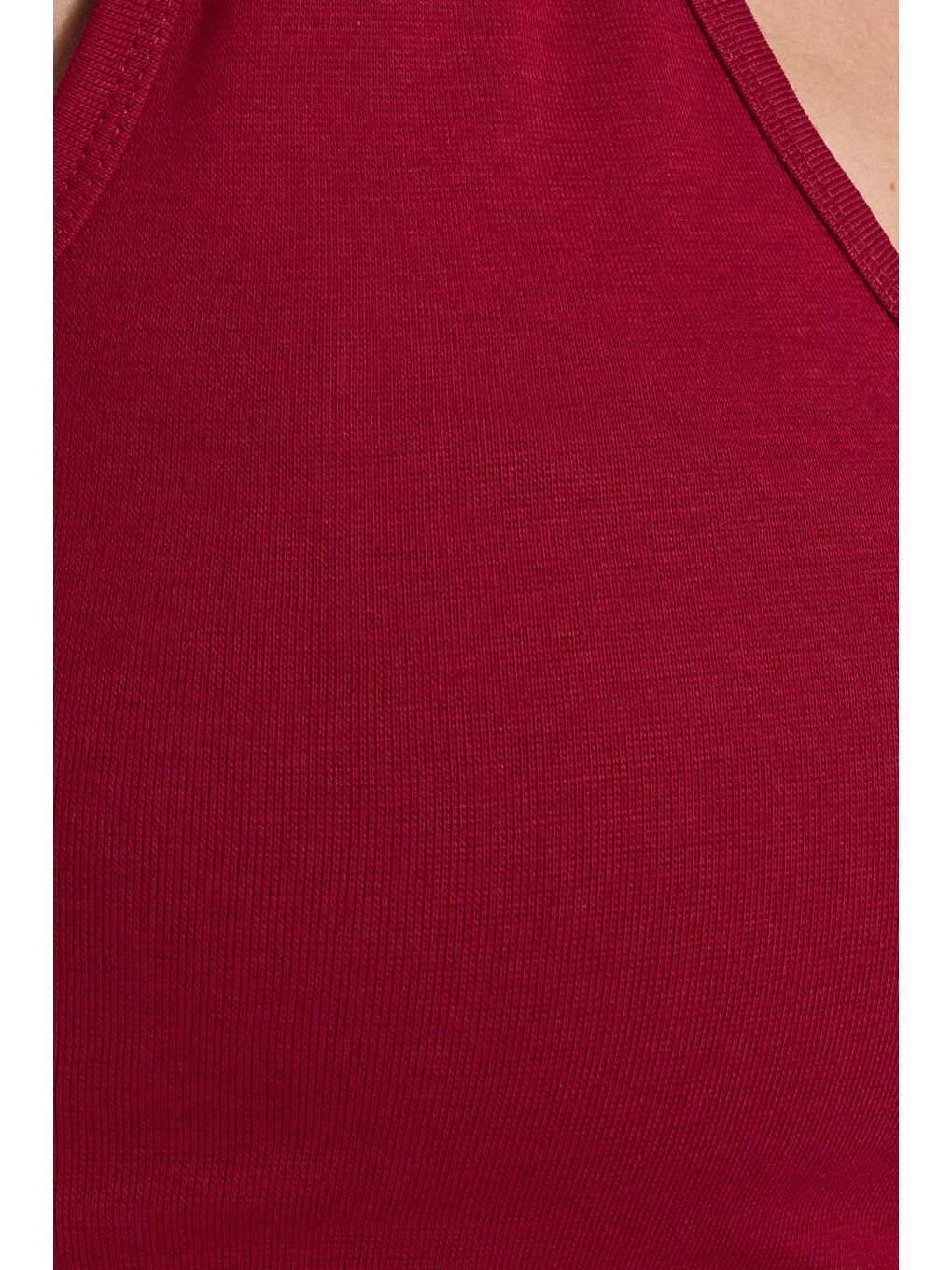 Kadın Slim Fit Dar Kesim V Yaka Sıfır Kol Pamuklu Ribanalı Bordo Bluz-5