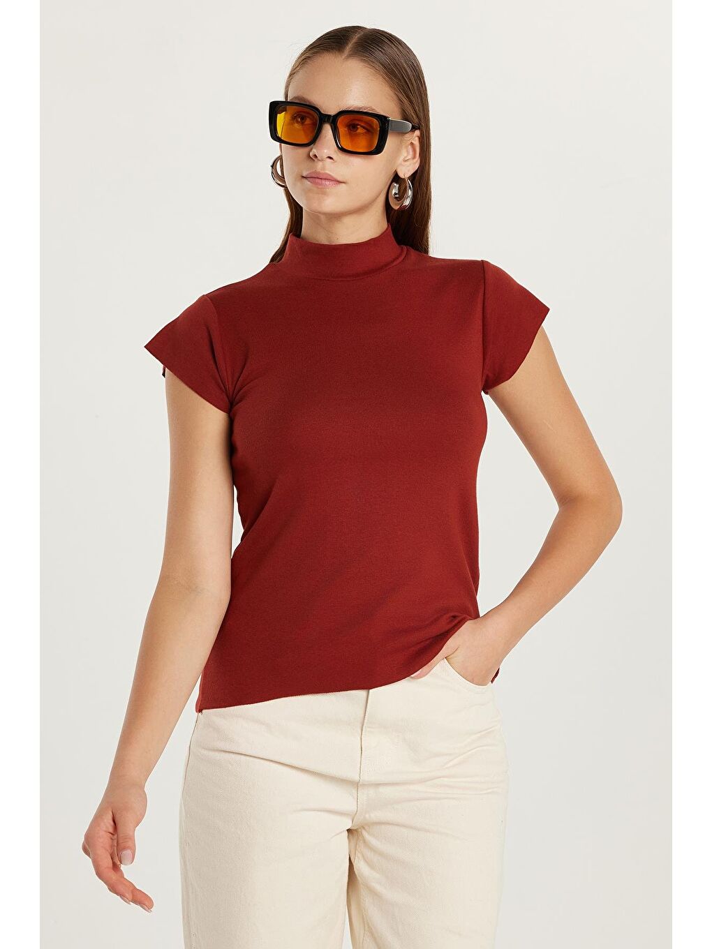 Kahverengi Kadın Modal Kumaş Standart Fit Dik Yaka Kiremit Bluz