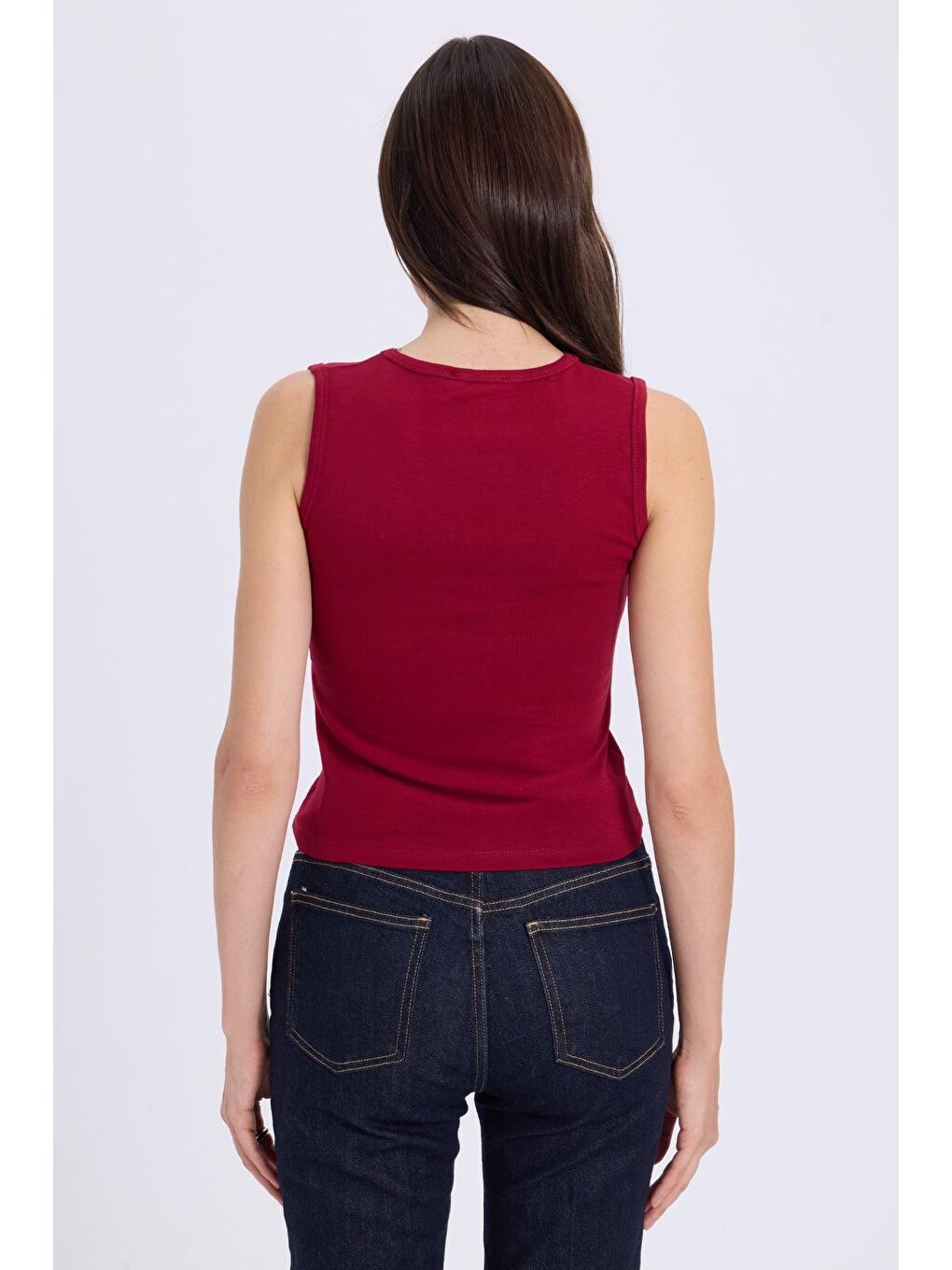 Kadın Slim Fit Dar Kesim V Yaka Sıfır Kol Pamuklu Ribanalı Bordo Bluz-6