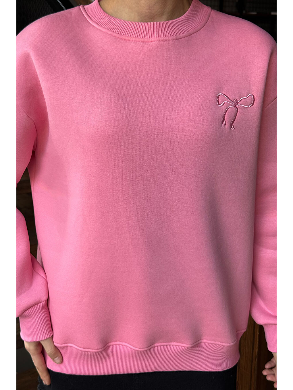 GÜLSELİ Pembe Kadın Fiyonk Nakışlı Şardonlu Sweatshirt - 2