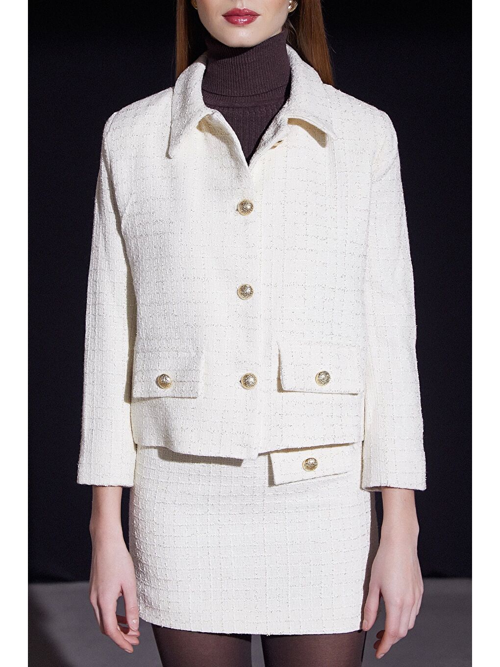 Düğmeli Simli Ceket Beyaz-3