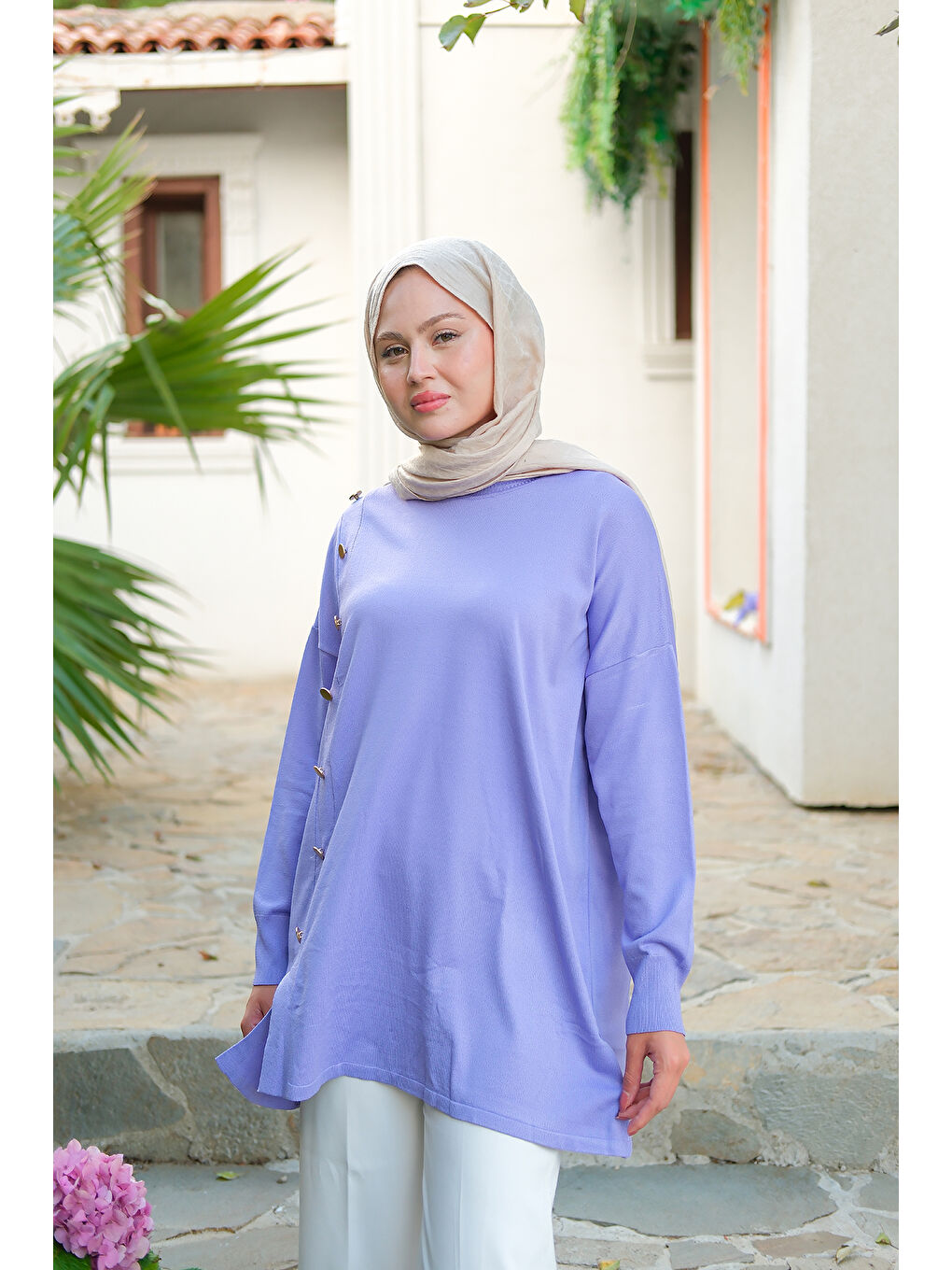 Kadın Ön Düğme Detay Tunik Lila-2