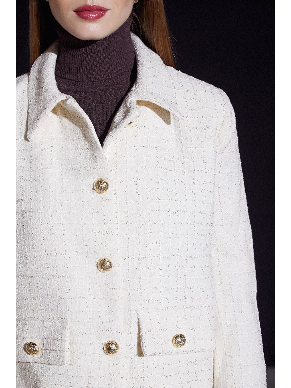 Düğmeli Simli Ceket Beyaz-4