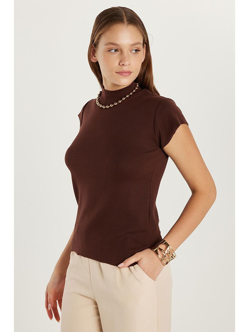 Kadın Modal Kumaş Standart Fit Dik Yaka Kahverengi Bluz