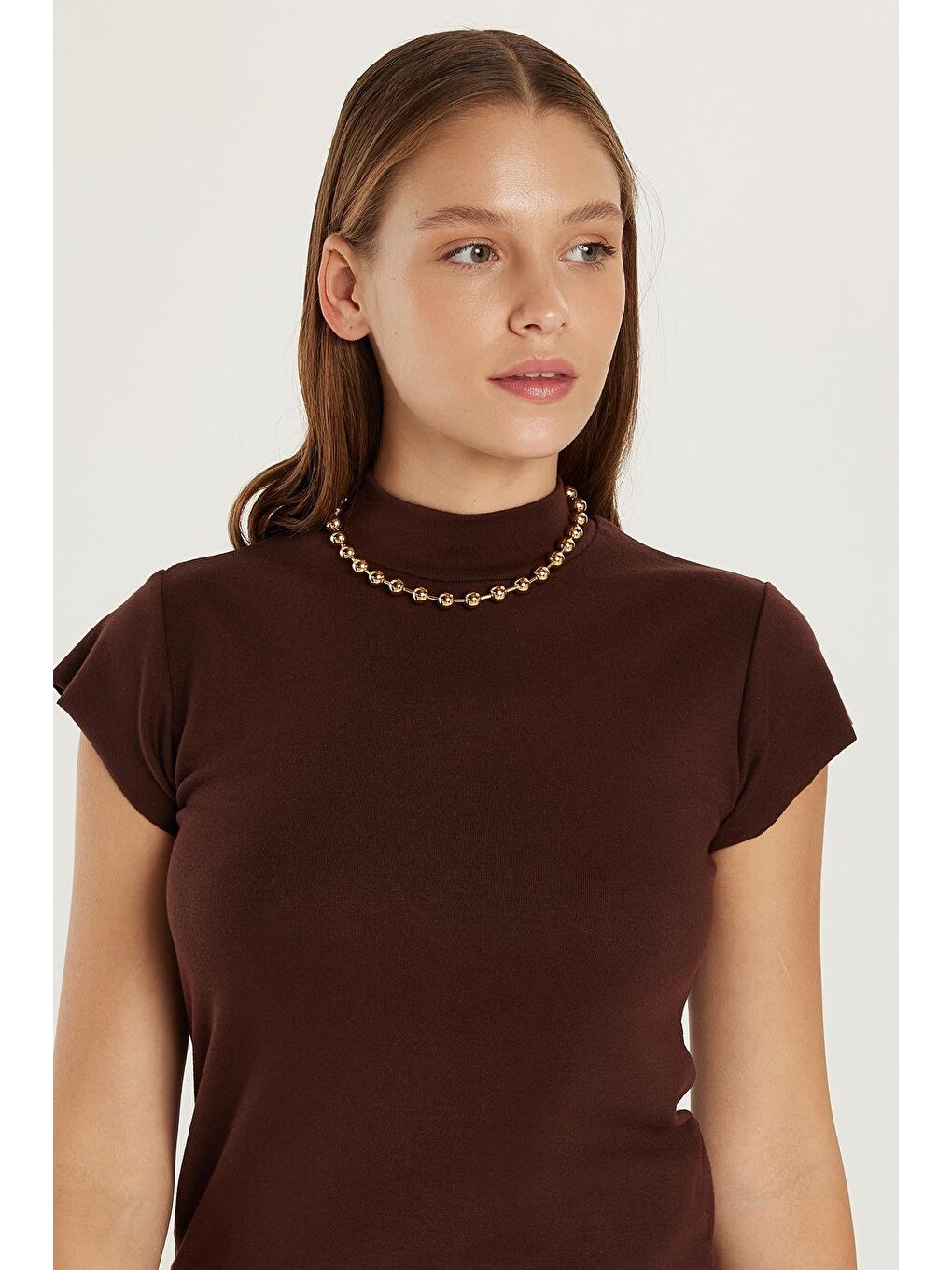 Kadın Modal Kumaş Standart Fit Dik Yaka Kahverengi Bluz-1