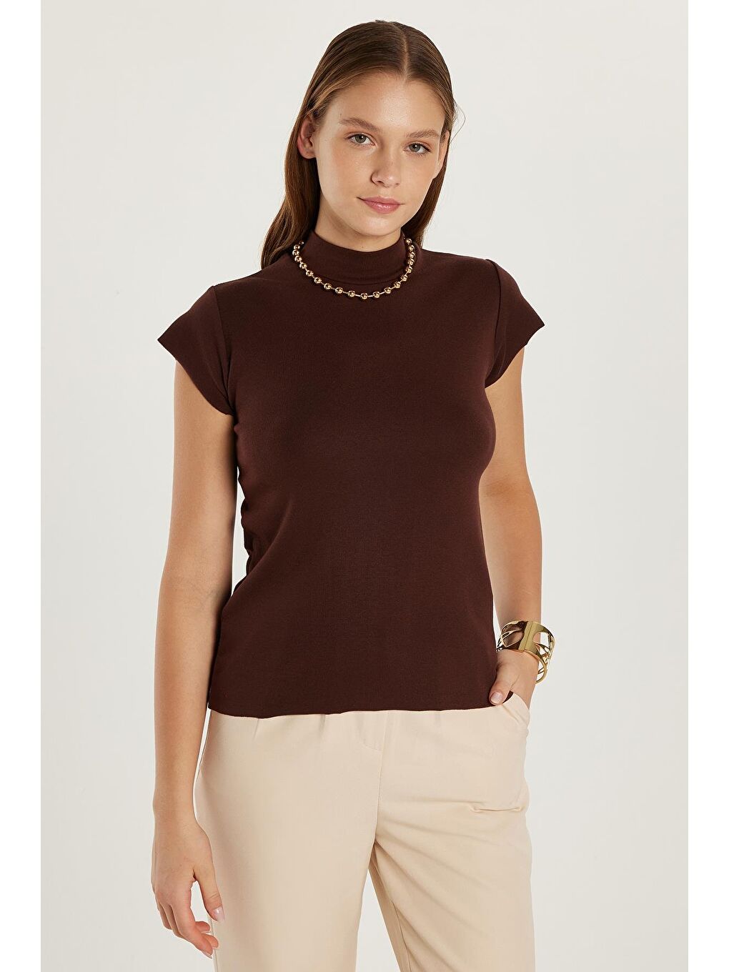 Kadın Modal Kumaş Standart Fit Dik Yaka Kahverengi Bluz-2