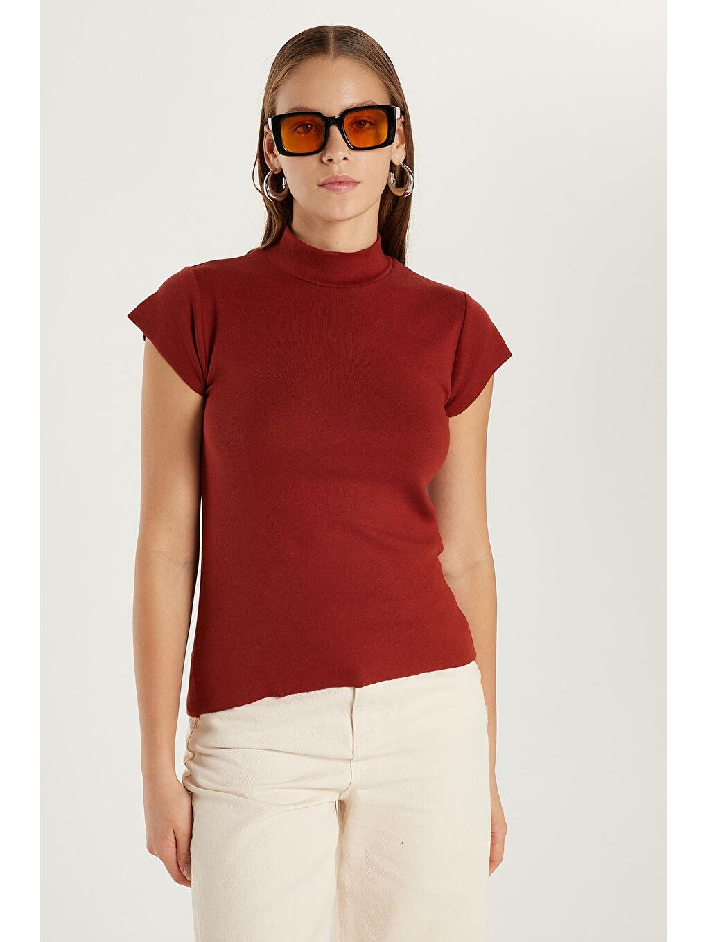 Kahverengi Kadın Modal Kumaş Standart Fit Dik Yaka Kiremit Bluz-2