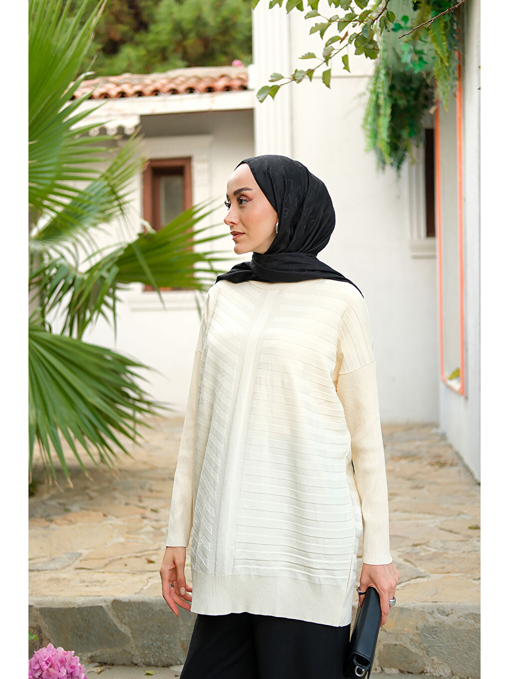 Kadın Kendinden Çizgi Desen Tunik Ekru-1