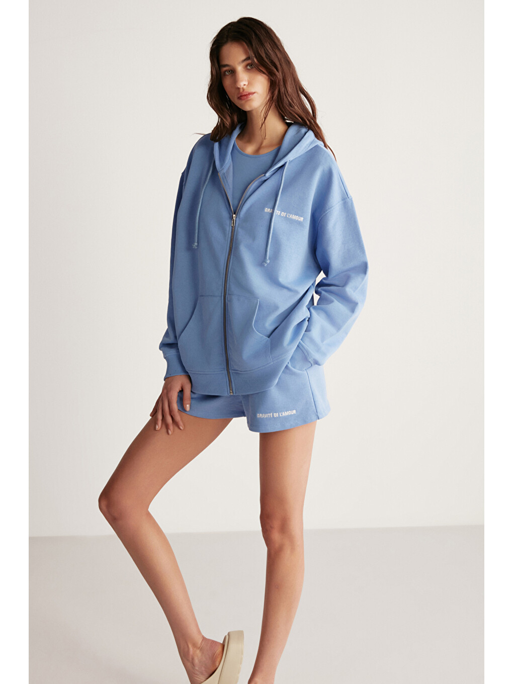 Mavi Ametıs Kadın Oversize Organik Pamuklu Metal Fermuarlı Kapüşonlu MAVİ Sweatshirt-4