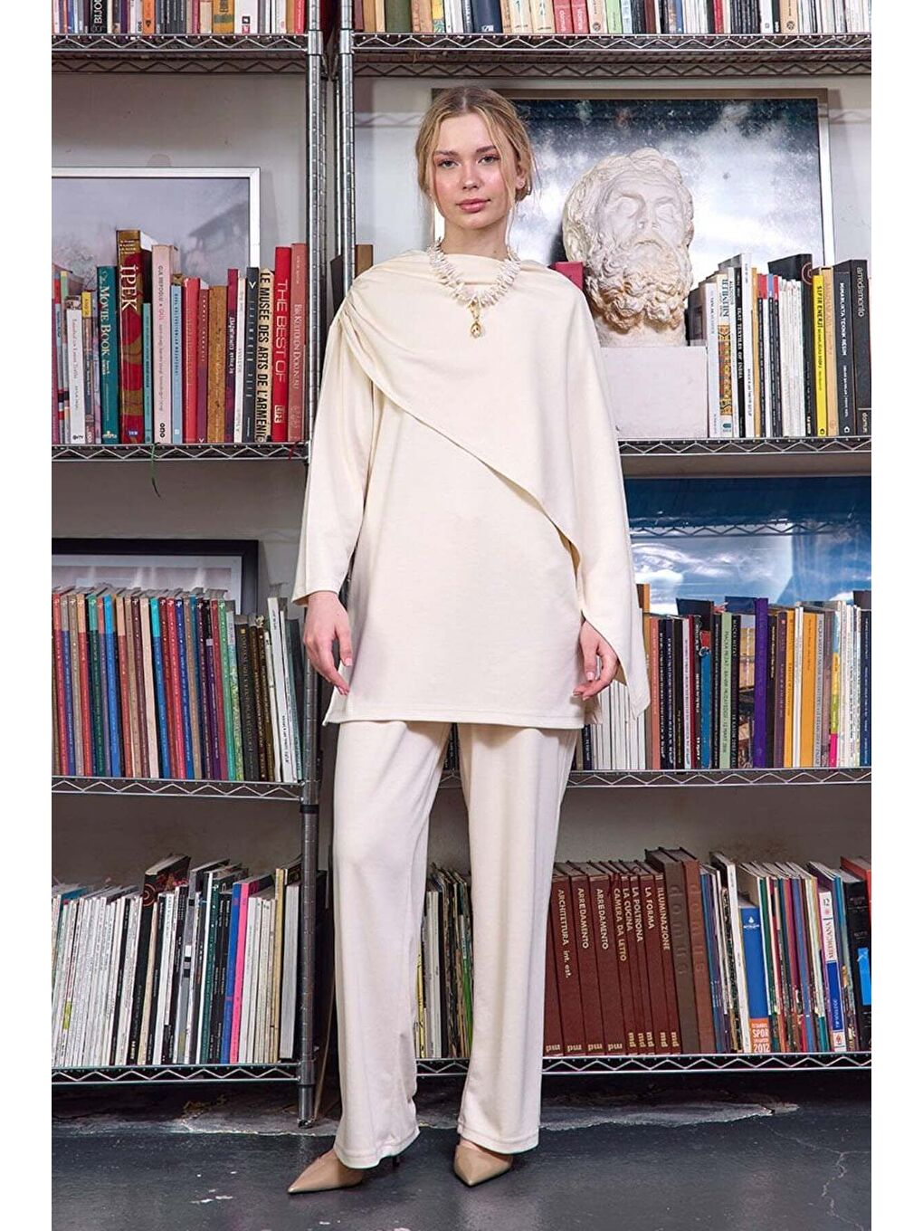 Ekru Krem Atkılı Tunik Bol Paça Pantolon Takım-1